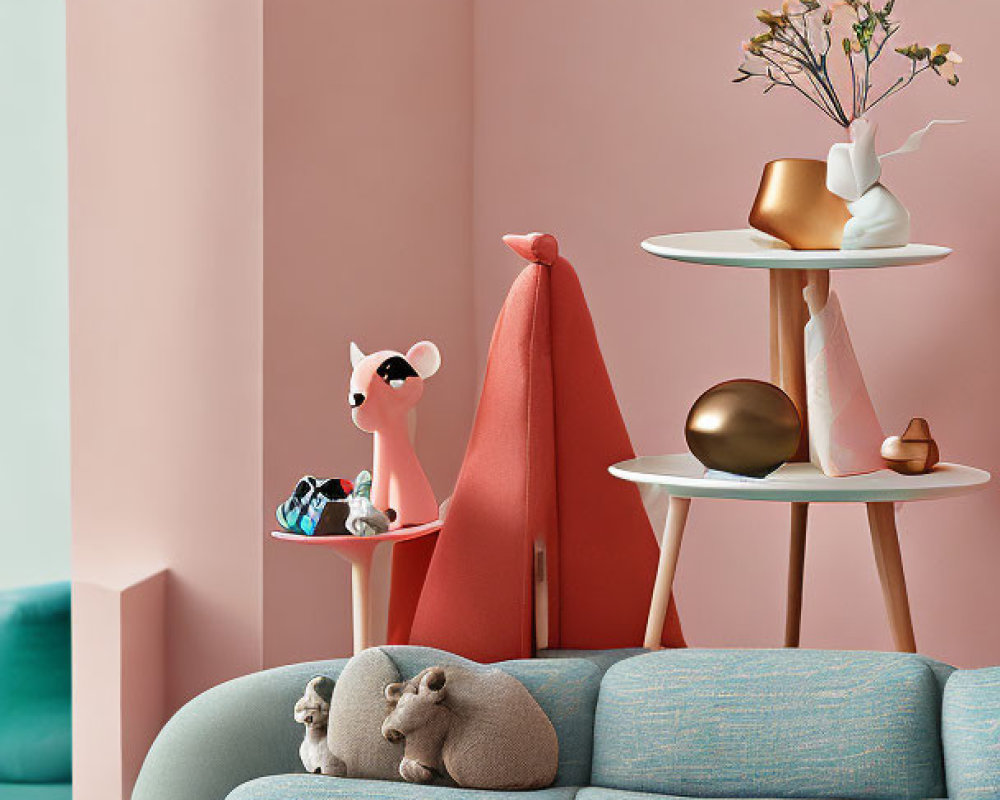 Light Blue Sofa, Pink Wall, White Side Table with Decor in Cozy Interior
