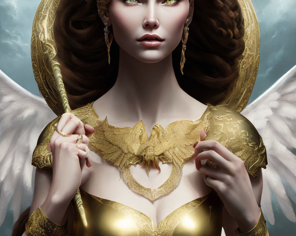 Digital artwork of majestic female figure with angelic wings and golden bat pendant in ornate armor against serene