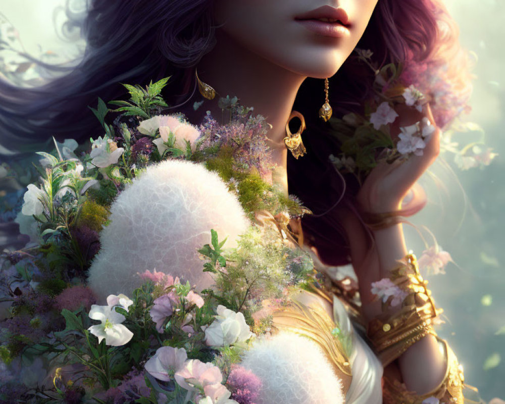 Woman with Purple Hair and Gold Jewelry Surrounded by Lush Greenery and White Flowers