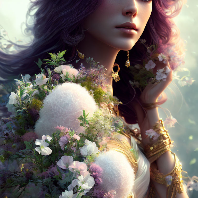 Woman with Purple Hair and Gold Jewelry Surrounded by Lush Greenery and White Flowers