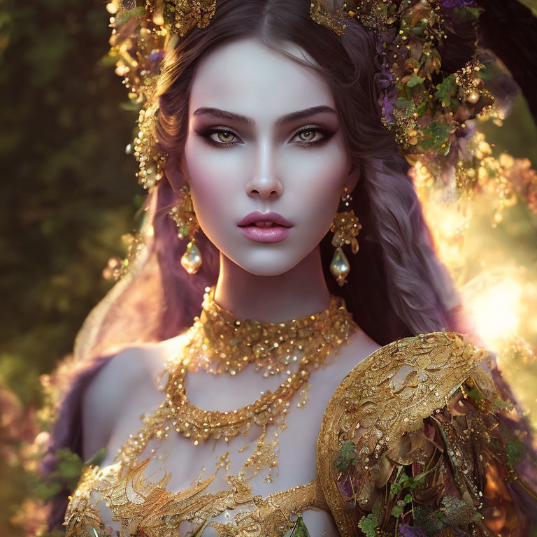 Digital art portrait featuring woman with detailed gold jewelry, ornate headdress, and mystical forest backdrop