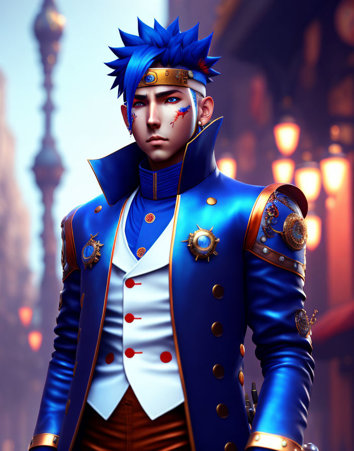 Stylized 3D Illustration of Male Figure with Blue Hair and Military Jacket