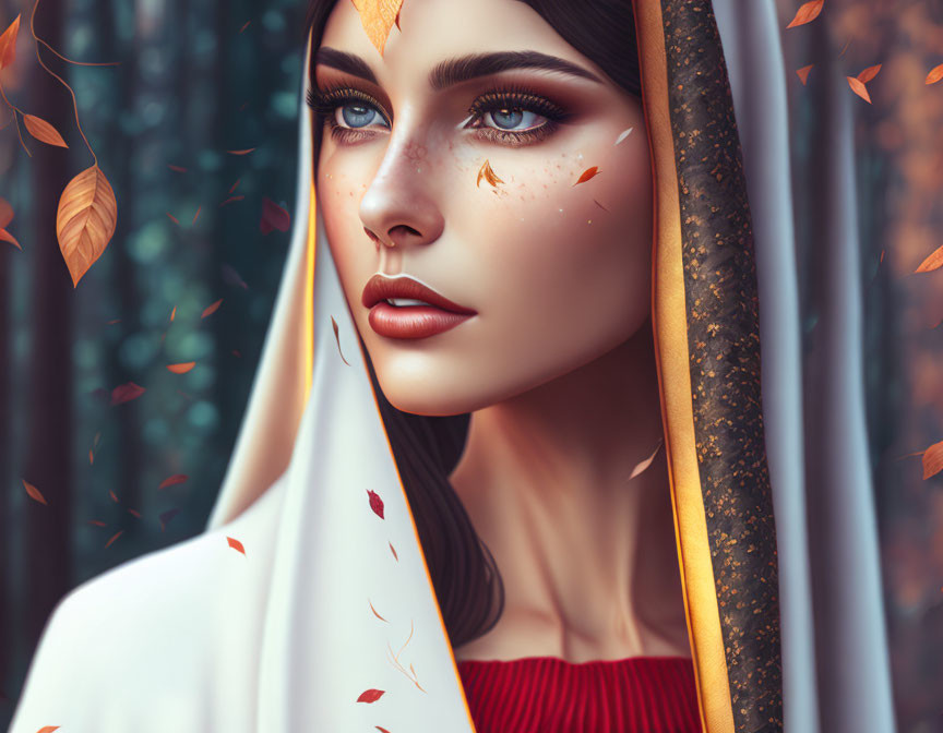 Digital Artwork: Woman with Striking Eyes and Golden Eye Makeup in White and Gold Veil with