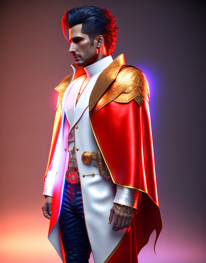 Striking red and white military uniform with gold epaulettes and blue pompadour.
