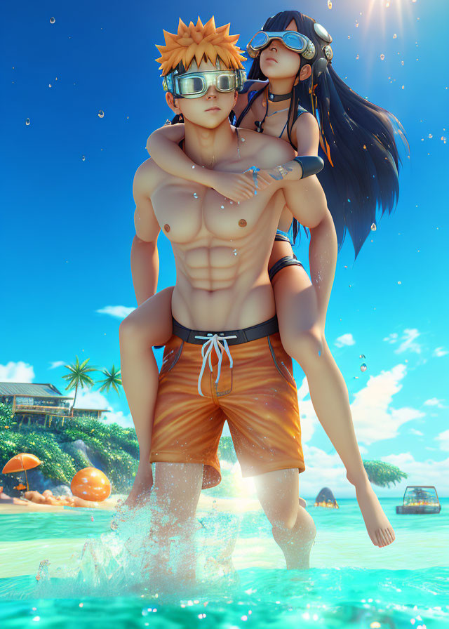 Male and female animated characters in sunny blue water scene