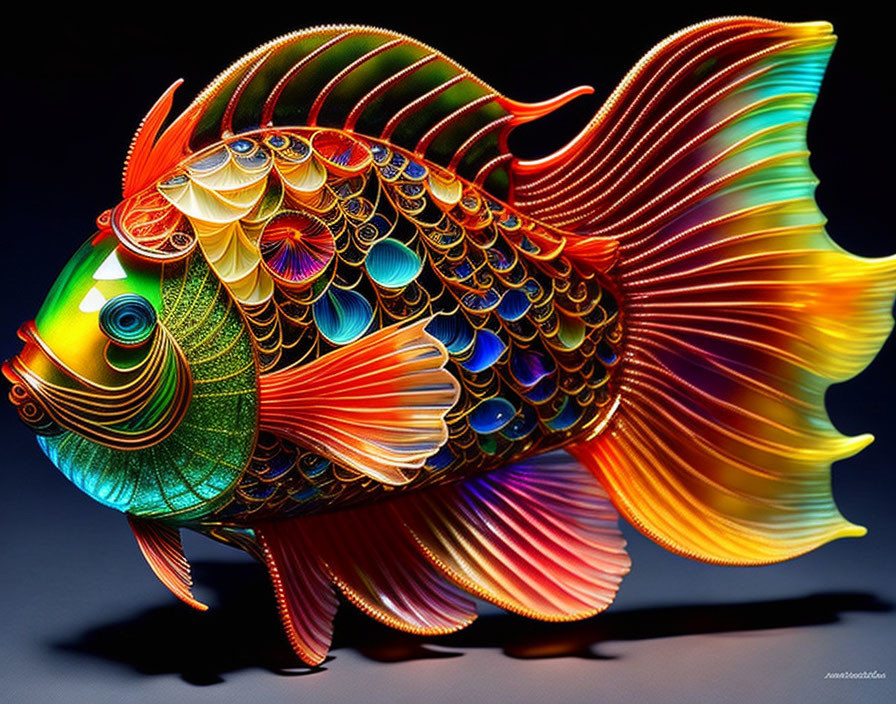 Colorful digital artwork: Stylized fish with intricate patterns in vibrant green and orange hues on dark