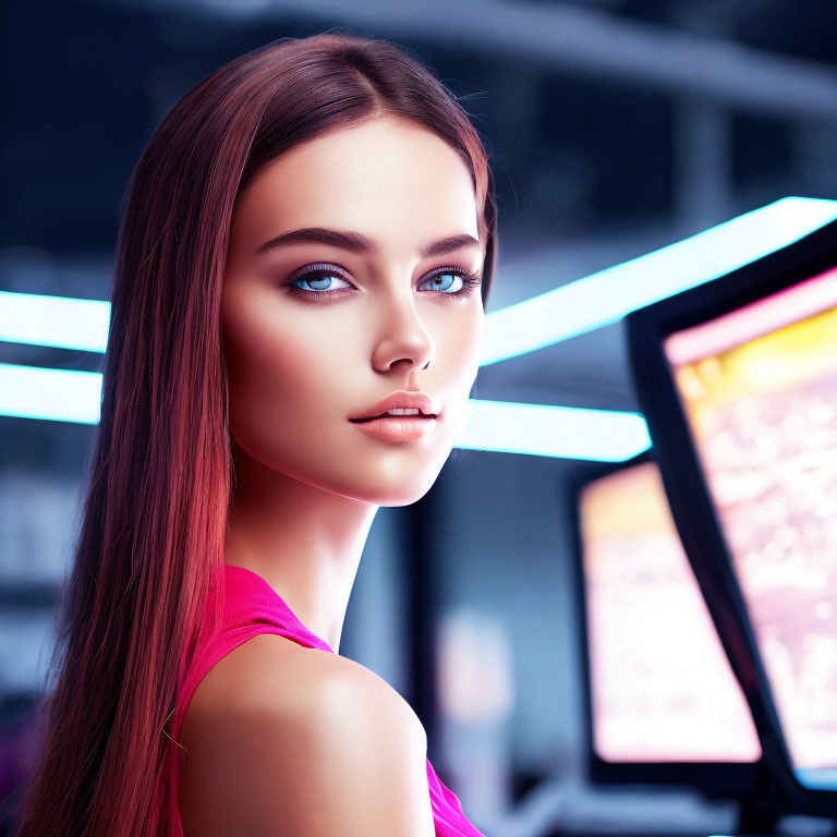 Woman with brown hair and blue eyes in pink top with neon lights and screens.