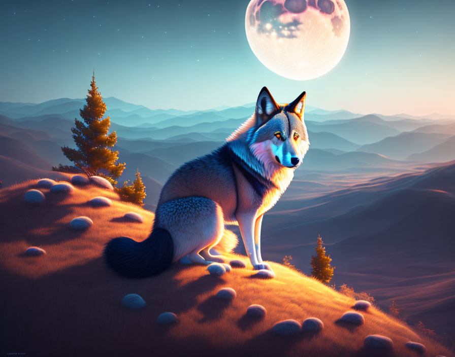 Stylized wolf on hill with moon and rolling hills
