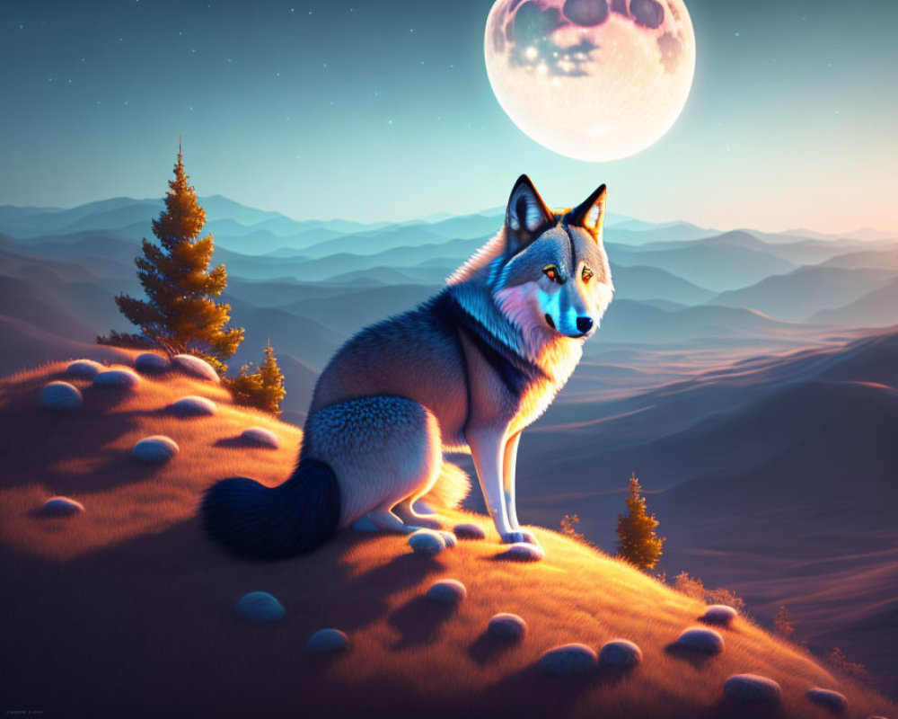 Stylized wolf on hill with moon and rolling hills