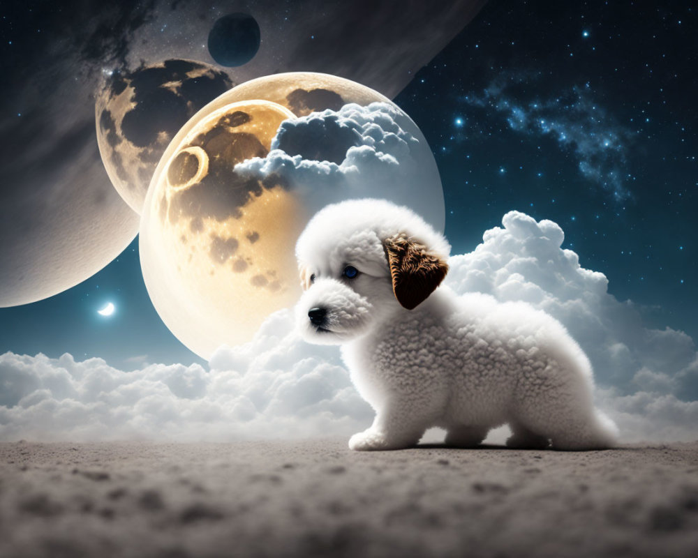 Fluffy White Puppy on Cloud under Starry Sky