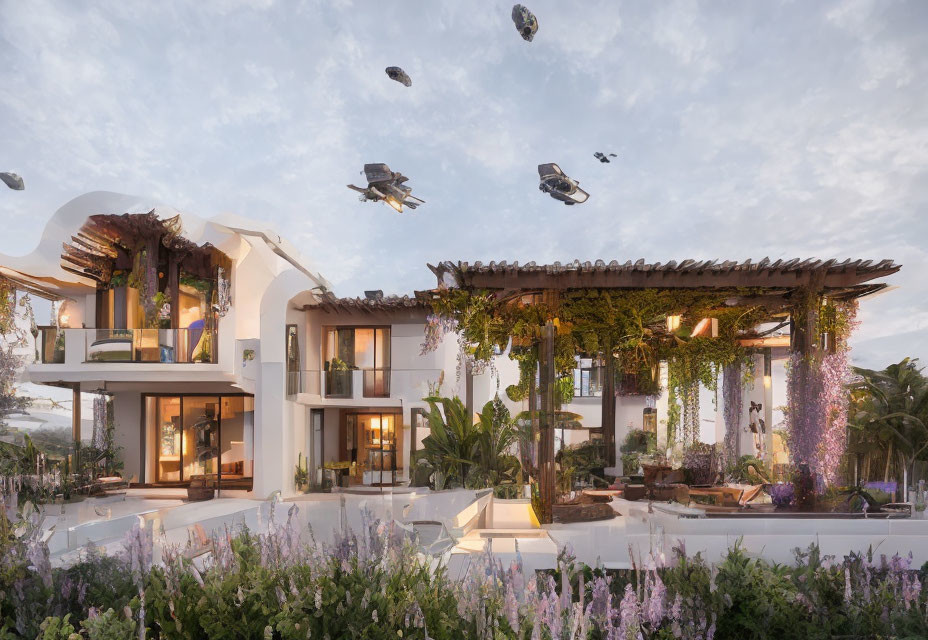 Modern luxury villa in lush garden with flying vehicles at twilight