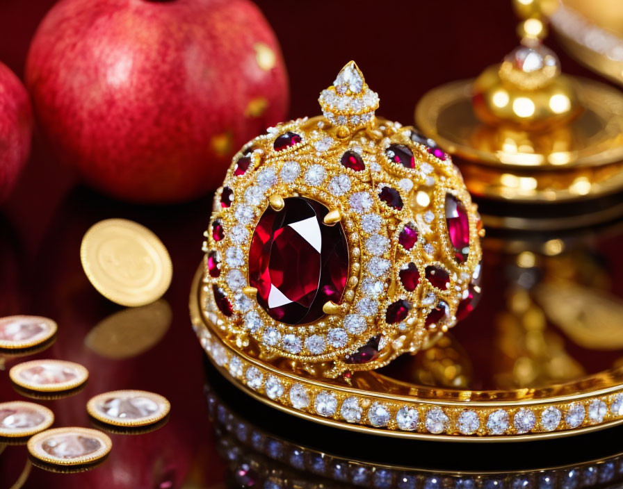 Jeweled crown with red gemstone, diamonds, pomegranates, and gold coins