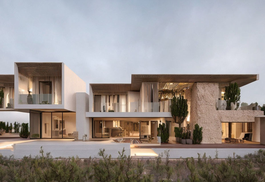 Luxurious Modern Villa with Large Windows, Flat Roofs, and Desert-Like Surroundings
