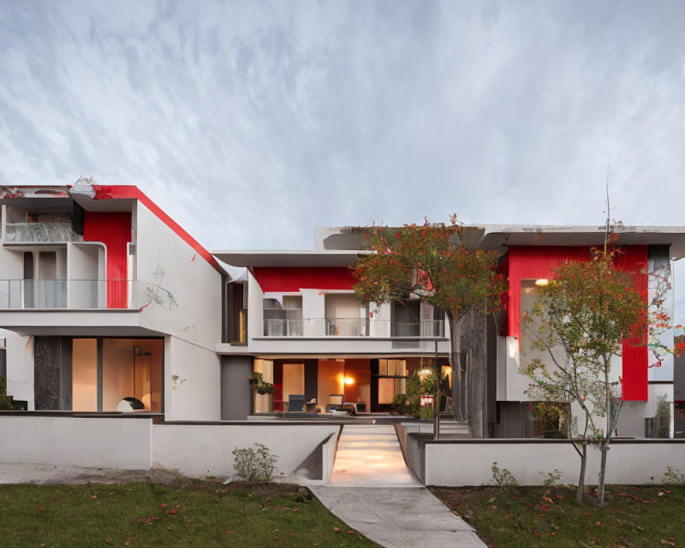 Contemporary two-story house with white walls, red accents, flat roofs, balconies, and illuminated
