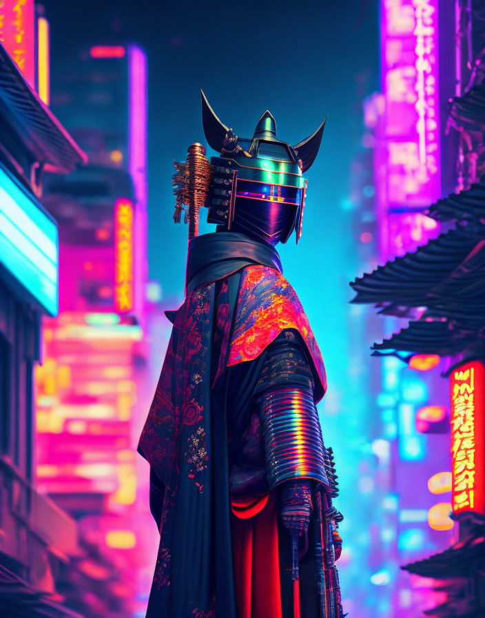 Samurai armor figure in neon-lit urban night scene