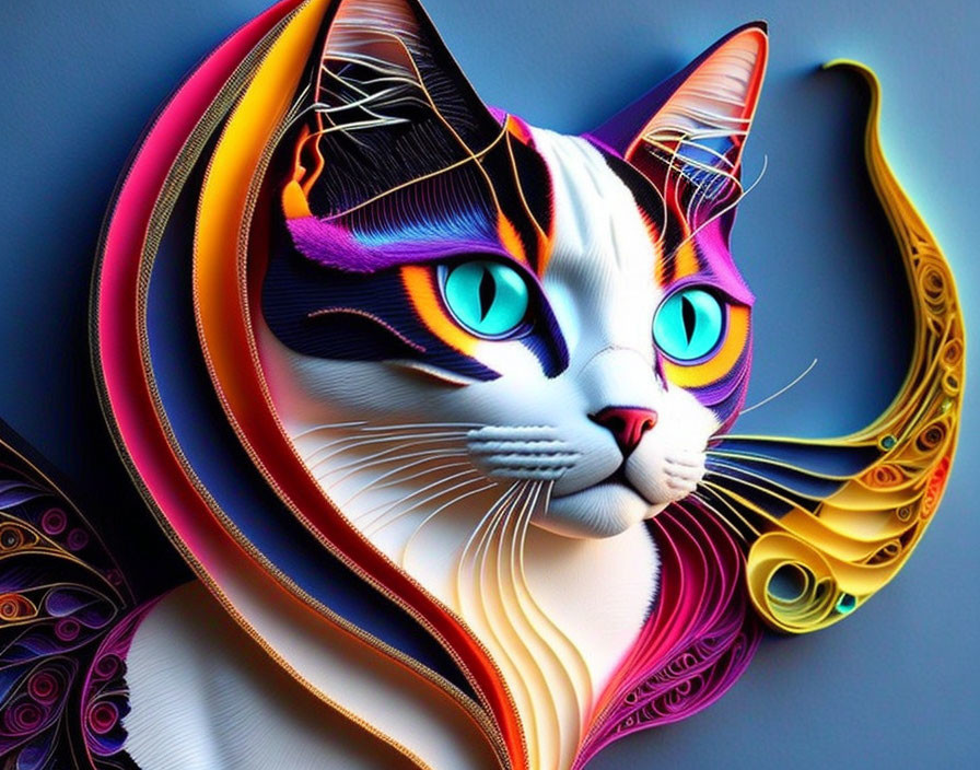 Colorful Stylized Cat with Blue Eyes and Rainbow Patterns on Blue Background