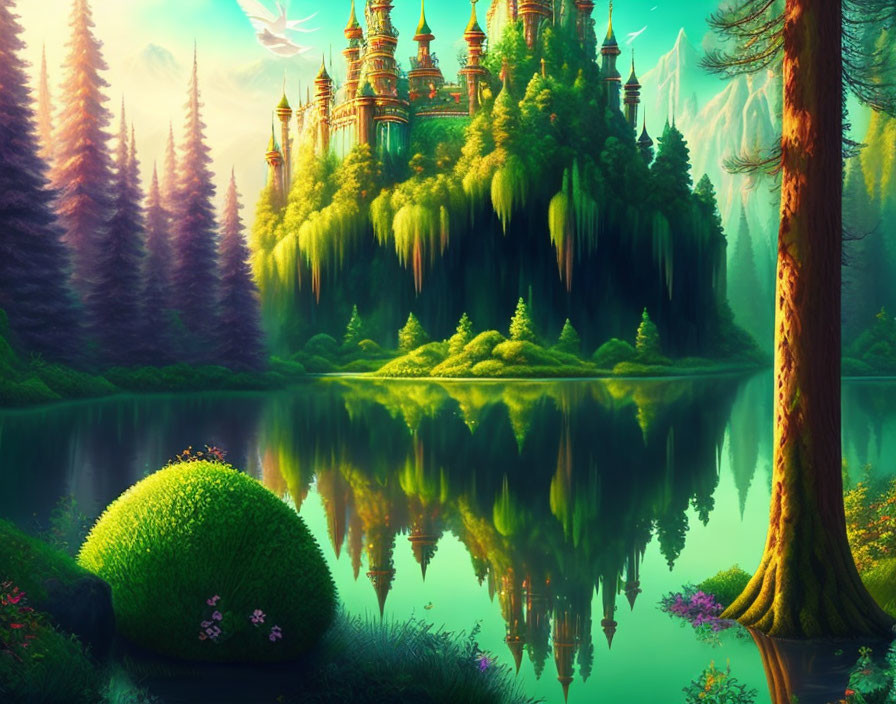 Fantasy landscape with castle, lush greenery, towering trees, and serene lake