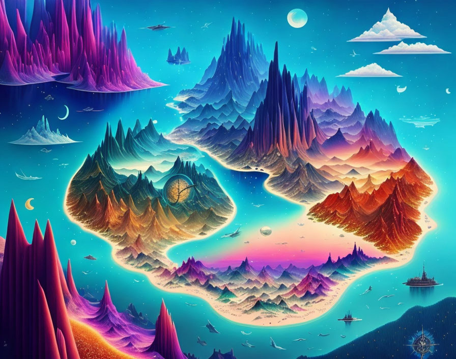 Colorful Crystal Mountains and Starry Sky Landscape with Rivers and Sailboats