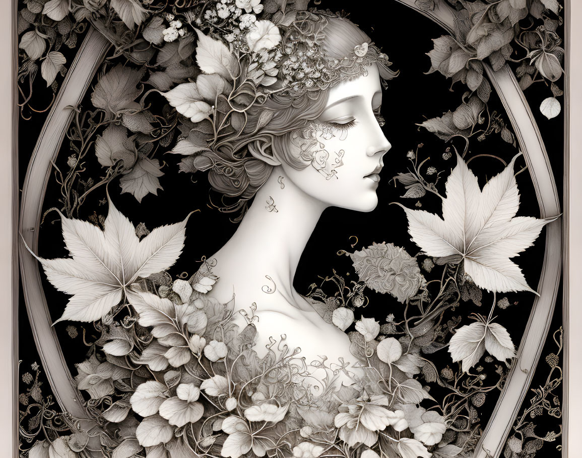 Serene woman with floral designs in monochromatic artwork