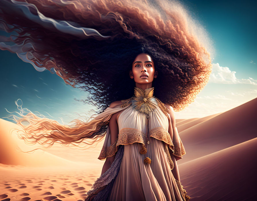 Golden gown woman gazes in desert under dramatic sky