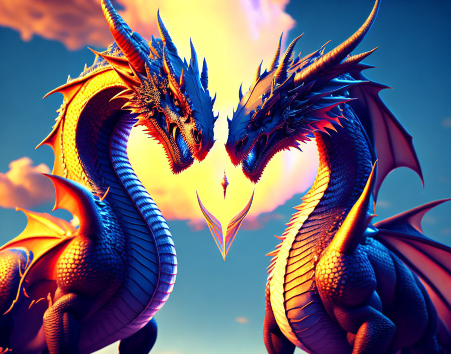 Two vibrant blue dragons under fiery sky lock eyes with flame between.