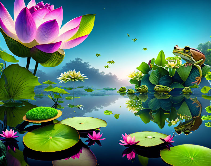 Colorful frog on lily pad with lotus flowers in digital artwork