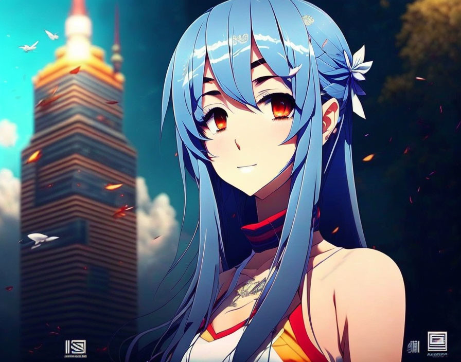 Blue-haired girl smiling with flower in front of blurred tower under blue sky.