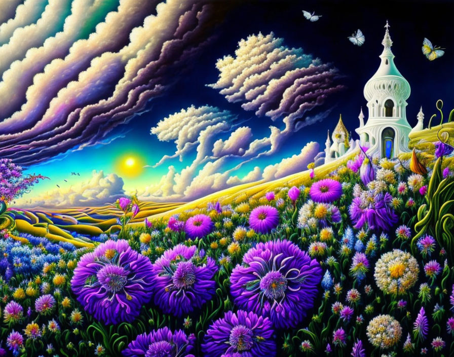 Whimsical white castle and purple flowers in surreal landscape