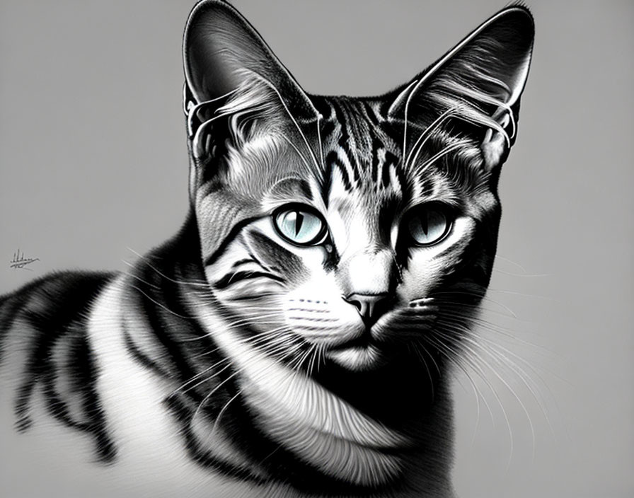 Black and White Striped Cat Portrait with Blue Eyes and Whiskers on Gray Background