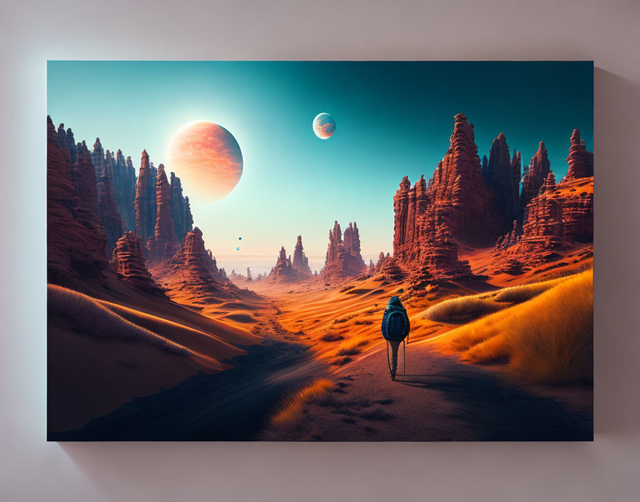 Surreal desert landscape with towering rock formations and two moons