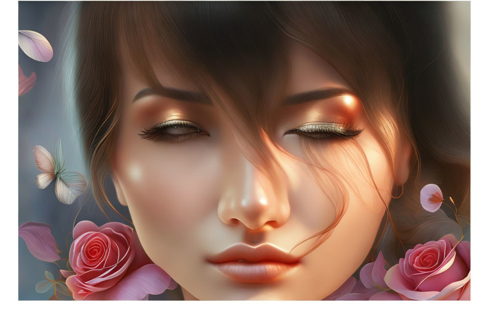 Digital artwork: Woman with closed eyes, pink flowers, butterfly - soft, warm colors
