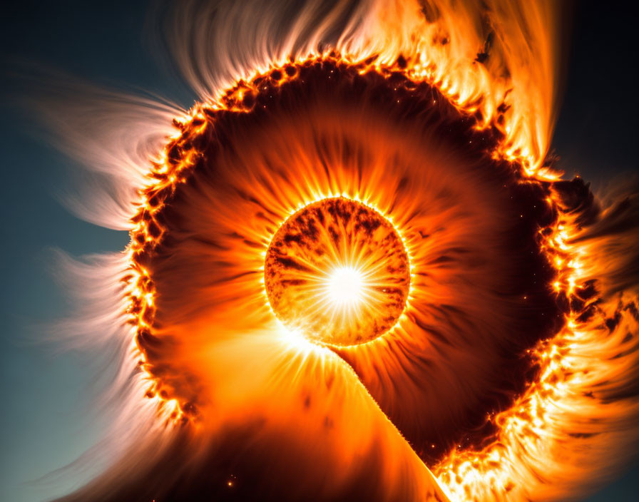 Solar Eclipse with Fiery Corona Against Blue Sky