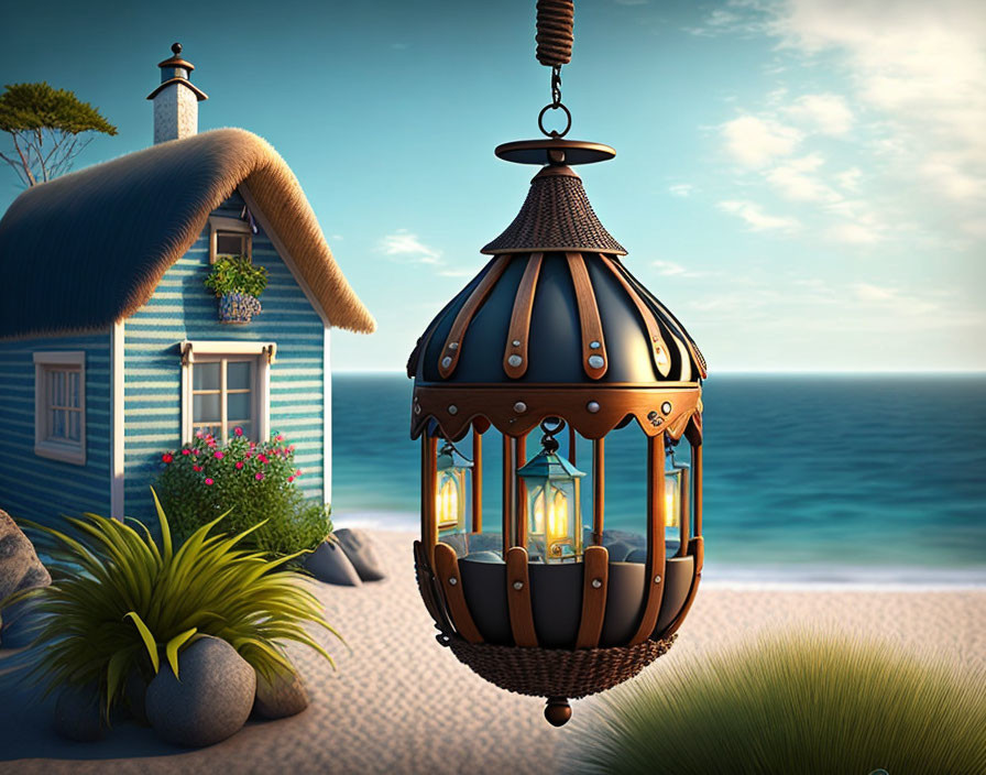 Intricate hanging lantern with coastal cottage and ocean at dusk