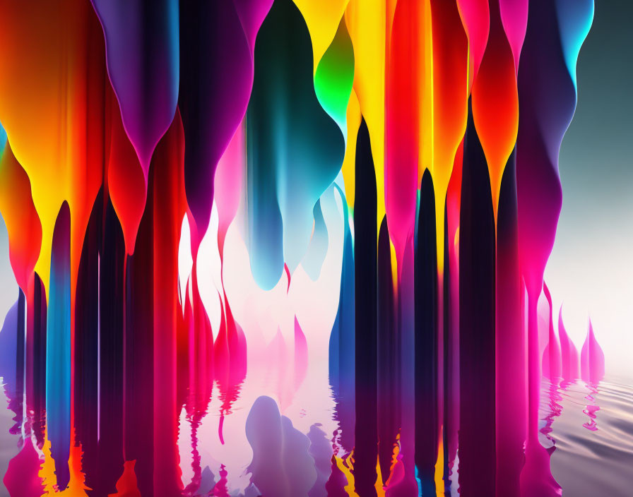 Colorful fluid shapes reflecting rainbow hues in seamless gradient.