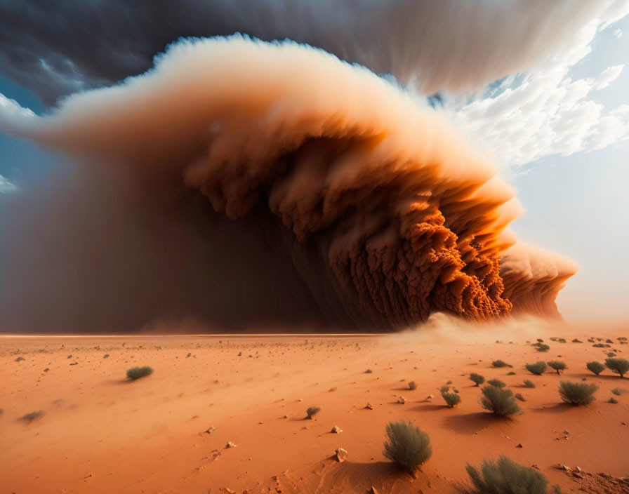 Gigantic sandstorm sweeps over barren desert landscape
