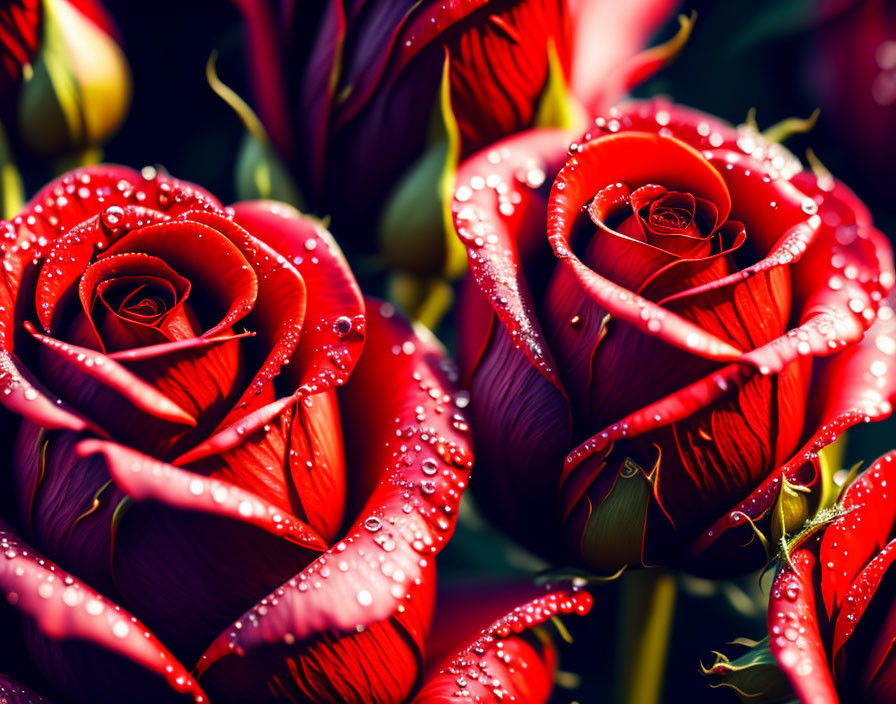 Vibrant red roses with dew drops on dark background