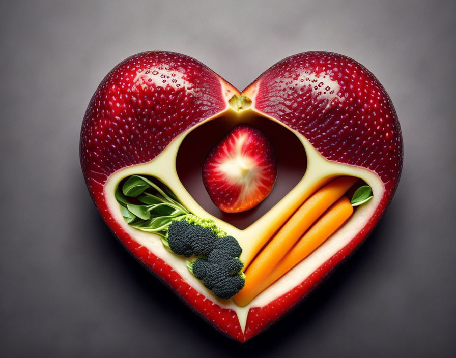 Heart-shaped food arrangement with apple, broccoli, and carrots in red bell pepper