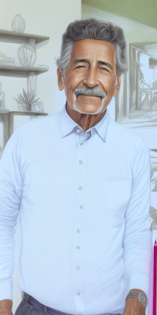 Elderly man with gray hair and mustache in light blue shirt next to plants