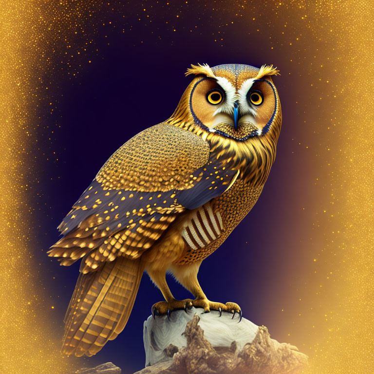 Detailed Owl Illustration with Mystical Patterns and Starry Background