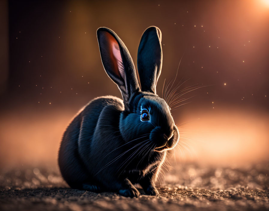 Black Rabbit with Gleaming Eyes in Golden Light and Floating Light Particles
