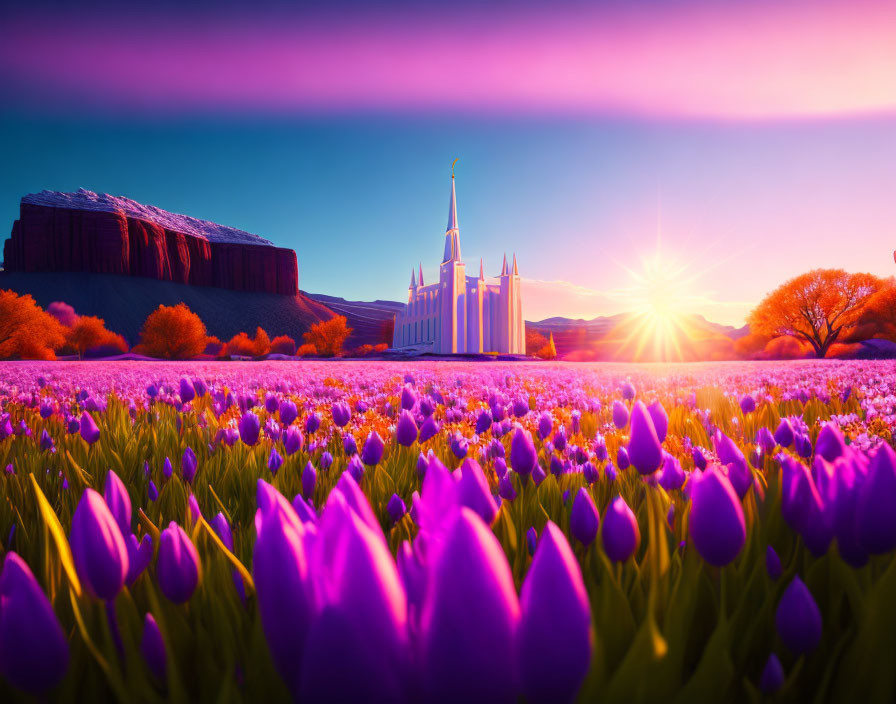 Scenic sunset landscape with purple tulips, castle, and rock formation