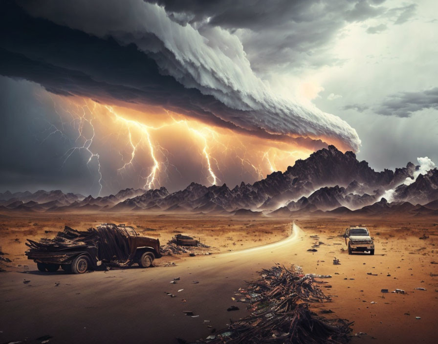Desert landscape with storm, lightning, and wrecked car