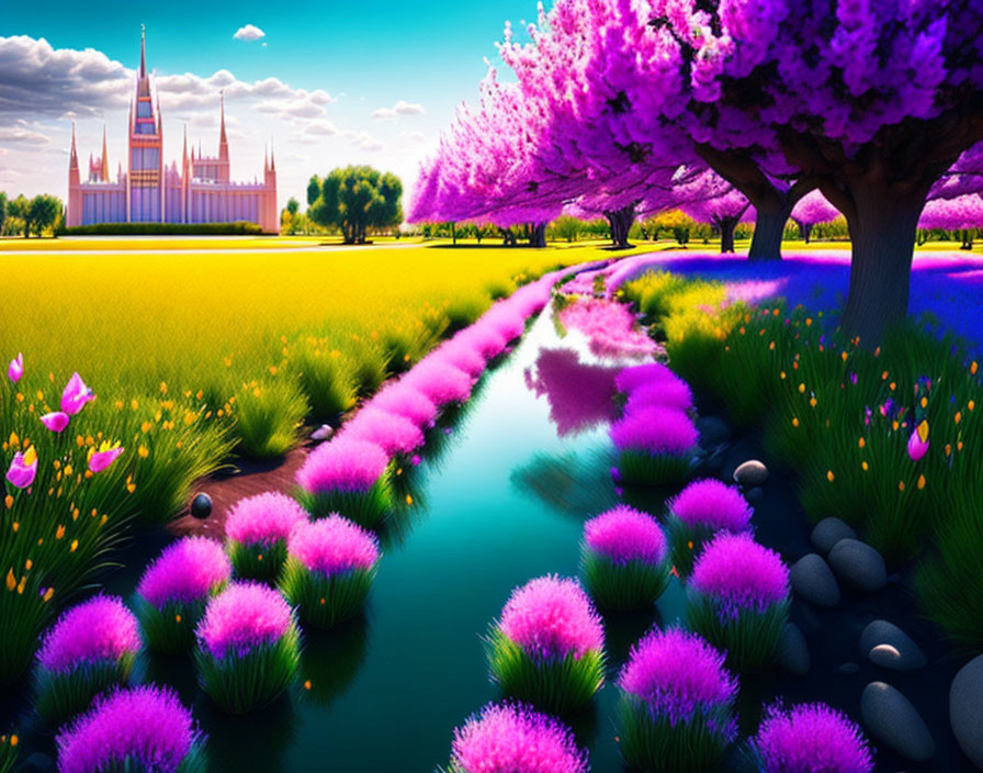 Colorful fantasy landscape with pink castle, stream, trees, and flowers under blue sky