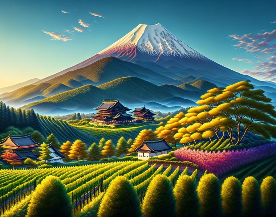 Illustration of vibrant Mount Fuji landscape with traditional Japanese buildings