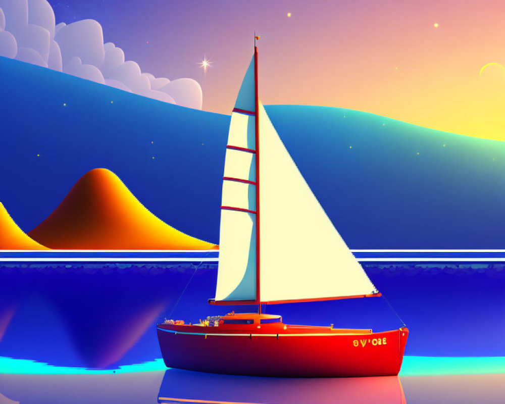 Colorful digital artwork of red sailboat on calm waters at sunset