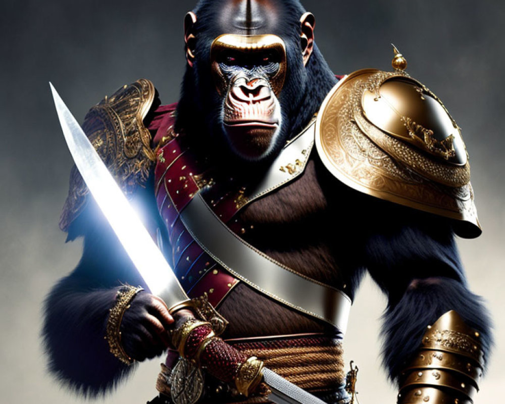 Digitally illustrated gorilla in ornate armor with sword and shield