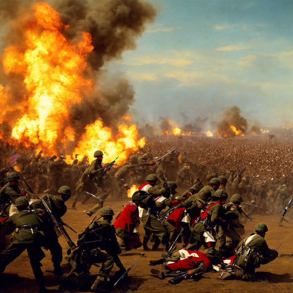 Intense battle scene with soldiers in combat and explosions