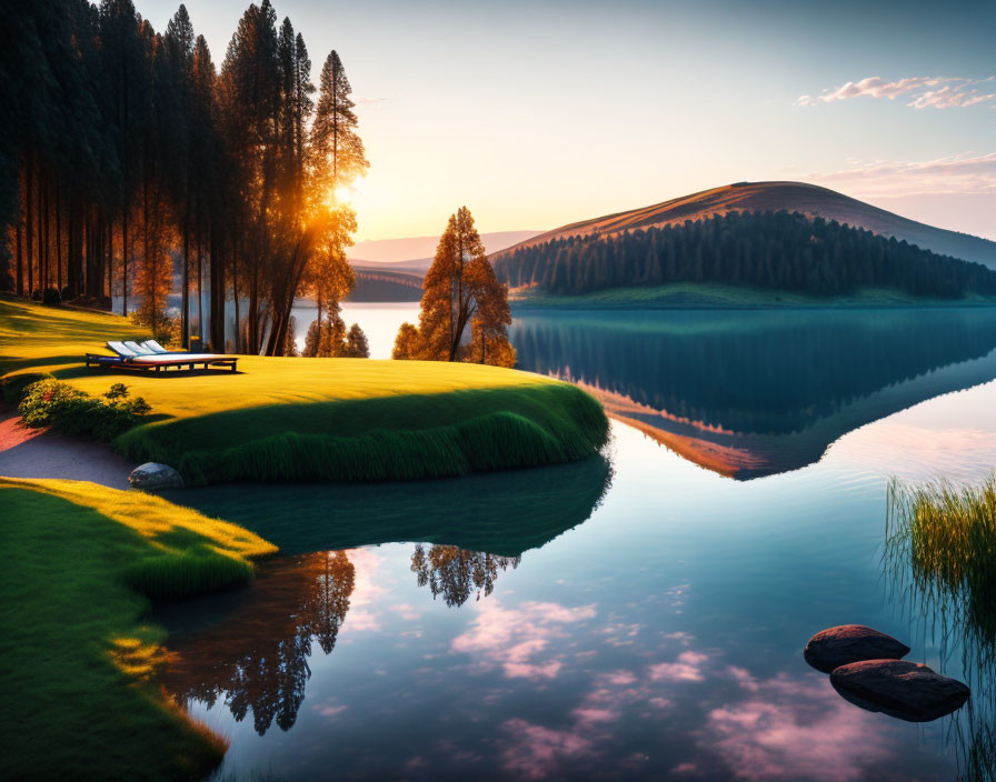 Tranquil sunrise lakeside scene with pine trees and rolling hills