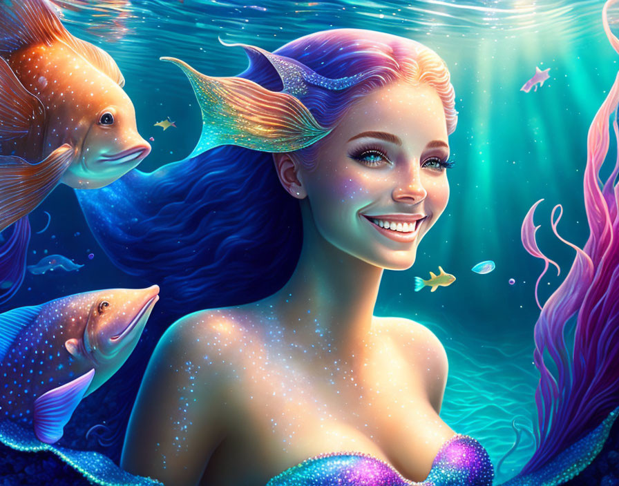 Smiling mermaid submerged in water with fish and rays of light