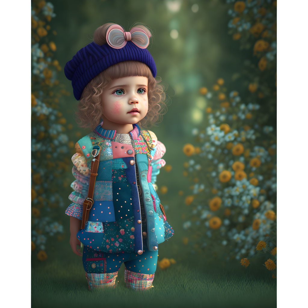 Colorful Patchwork Outfit: Young Girl in Field of Yellow Flowers